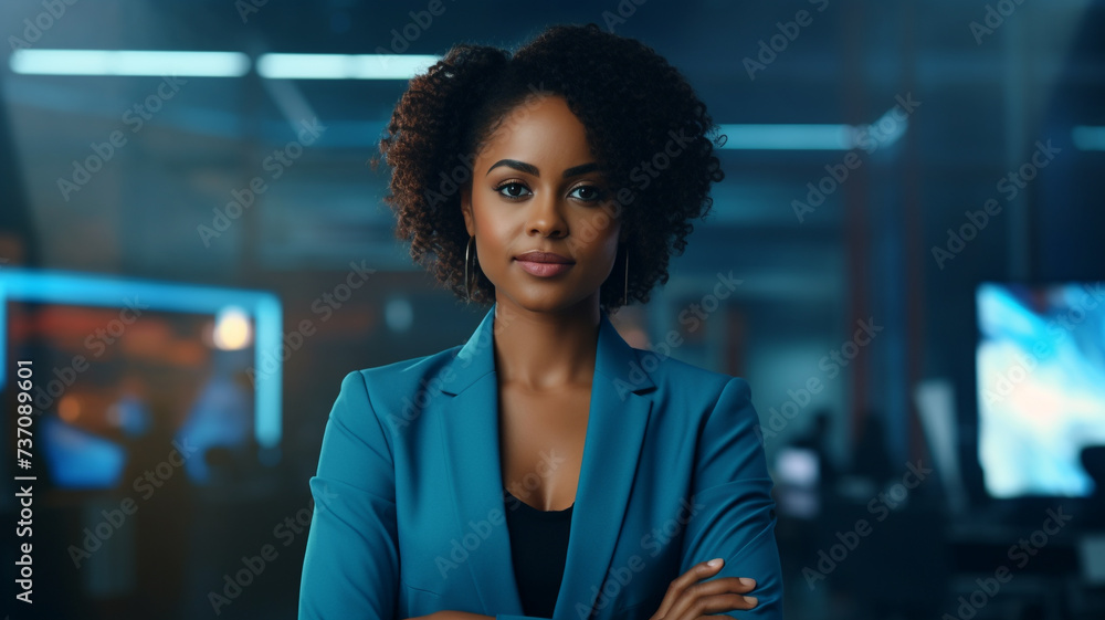 Portrait of confident african businesswoman on blue background - obrazy, fototapety, plakaty 