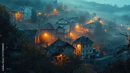 the charm of fog-draped villages under golden lights  creating a timeless and idyllic countryside atmosphere