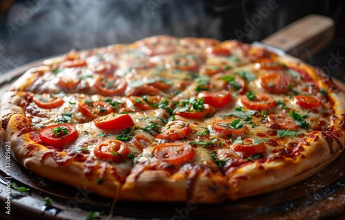 A pizza fresh out of the oven, american food image