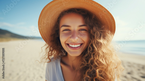 Portrait of happy young woman smiling at camera on beach in summer, vacation concept