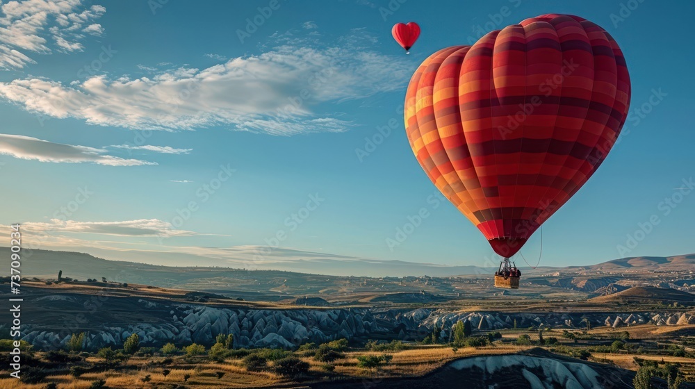 the concept of a love-filled adventure with an image of a heart-shaped hot air balloon soaring above picturesque landscapes