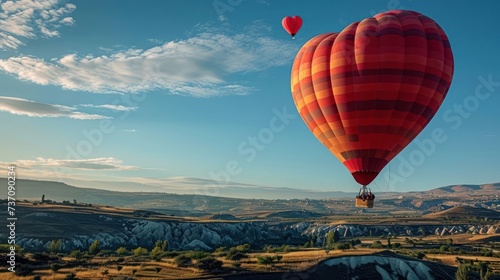 the concept of a love-filled adventure with an image of a heart-shaped hot air balloon soaring above picturesque landscapes