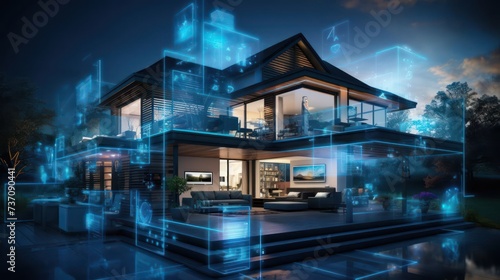 the concept of a technology integration strategy for a house purchase with an image displaying smart home symbols, tech devices, and strategic technology planning © Tina