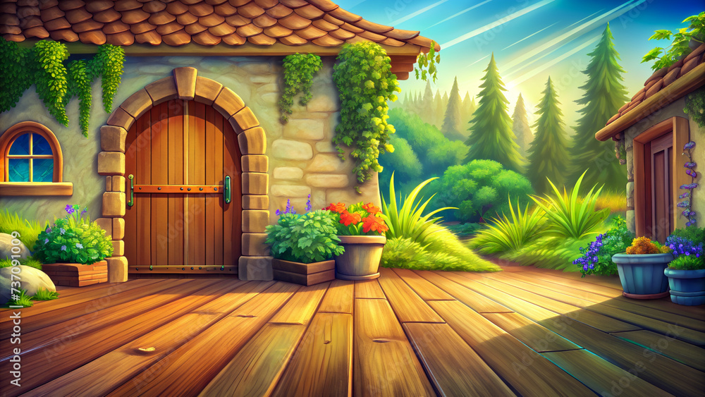 Fototapeta premium Wooden floor with wall art. Illustration of wooden floor in empty room and wall art.