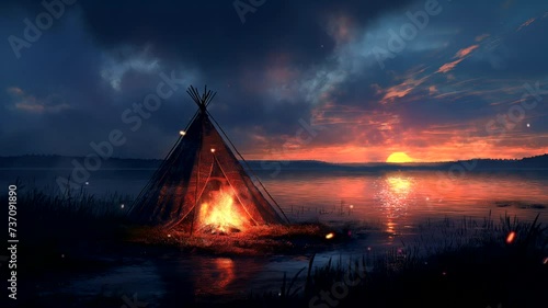 Indian tribe with bonfire at sunset in the edge of lake. Seamless looping time-lapse 4k video animation background photo