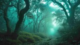 the enigma of a misty forest bathed in emerald green lights evoking a magical and enchanting setting