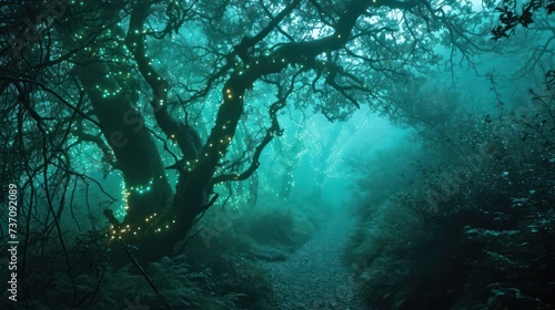 the enigma of a misty forest bathed in emerald green lights  evoking a magical and enchanting setting