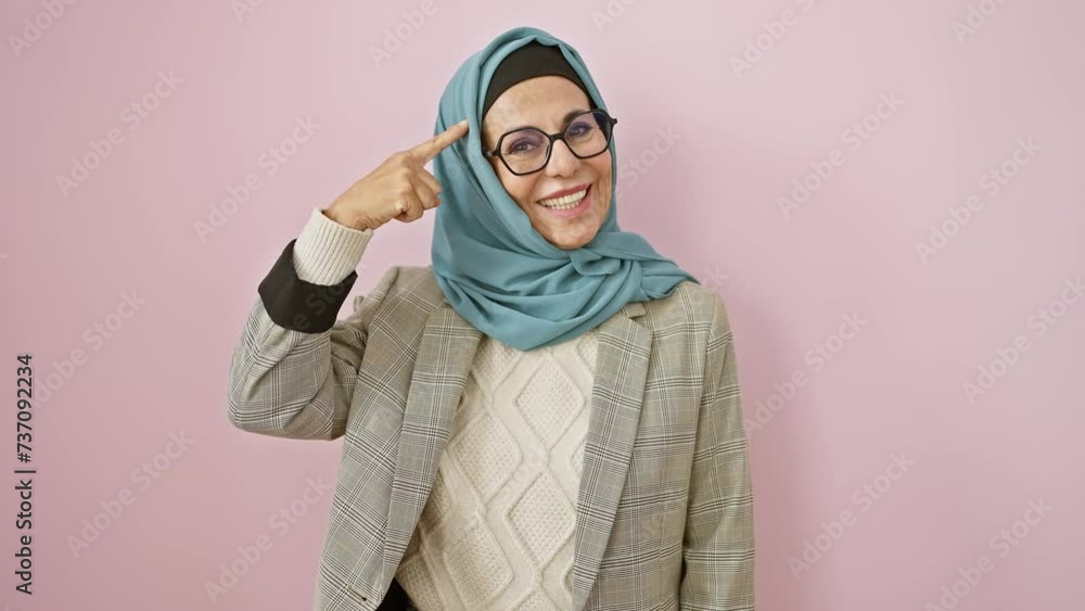 Cheerful middle-aged hispanic woman in hijab, delightfully points to her head, signaling a grand idea or fond memory, embodying confidence over an isolated pink wall Cheerful middle-aged hispanic woman in hijab, delightfully points to her head, signaling a grand idea or fond memory, embodying confidence over an isolated pink wall
