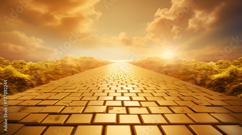 Investments, enrichment, path to wealth concept with golden yellow gold brick road. Golden path leading to success and wealth