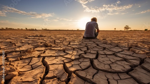 a man sits contemplatively looking at the cracked scorched earth soil drought desert landscape