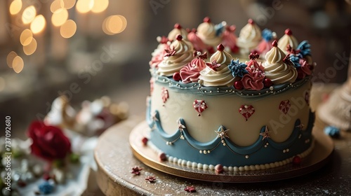 the festivity of a Bastille Day-themed cake adorned with French-inspired decorations, tricolor motifs, and elegant details, set against a Parisian backdrop