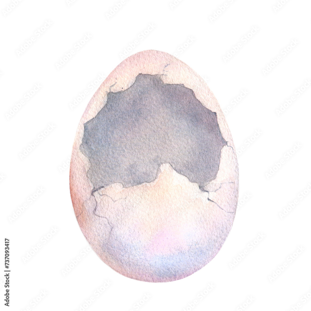 Fototapeta premium Easter broken egg watercolor illustration isolated on white background. Blue egg hand drawn neutral color. Element for design Easter decoration.