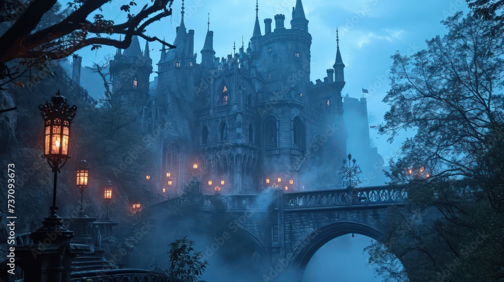 the intrigue of an ancient castle enveloped in mist, accentuated by cool indigo lights, portraying a haunting and atmospheric scene