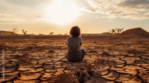 cracked scorched earth soil drought desert landscape with small child sitting contemplating looking