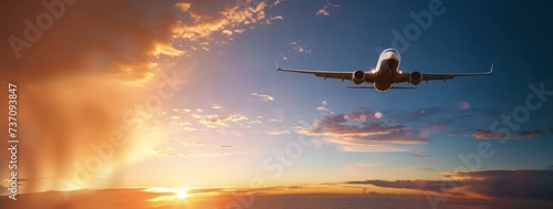 Airplane cuts through vast sky journey illuminated by golden hues of sunset embodying spirit of travel and transportation majestic airliner marvel of aviation glides gracefully bridging destinations