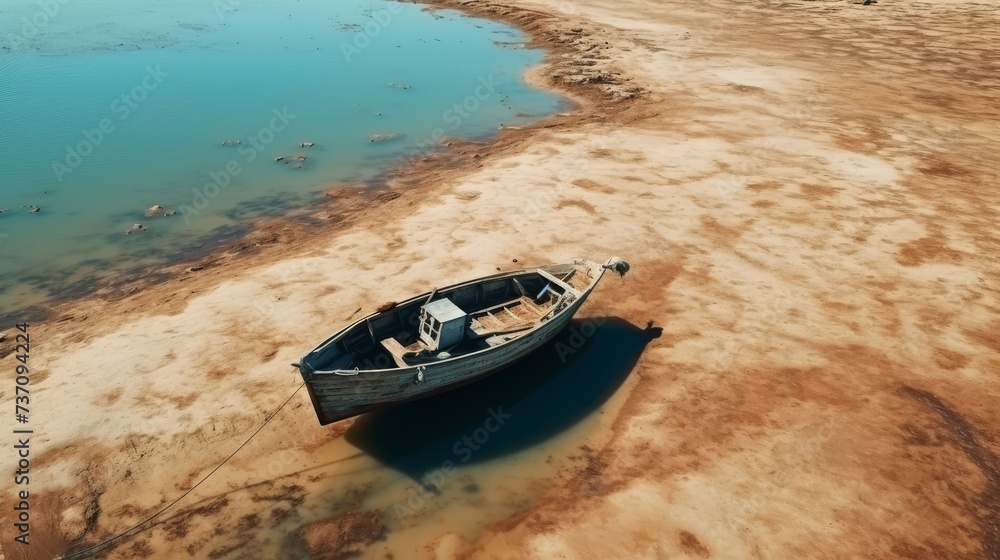 aerial view cracked scorched earth soil drought desert landscape with small fishing boat aerial view cracked scorched earth soil drought desert landscape with small fishing boat