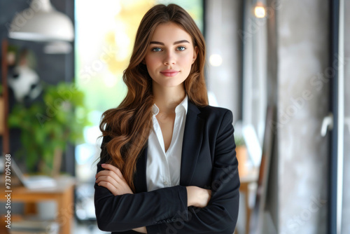 Young woman, professional entrepreneur standing in office clothing, smiling and looking confident, white office background. Happy woman professional posing in modern coworking office space. © Nataliia_Trushchenko