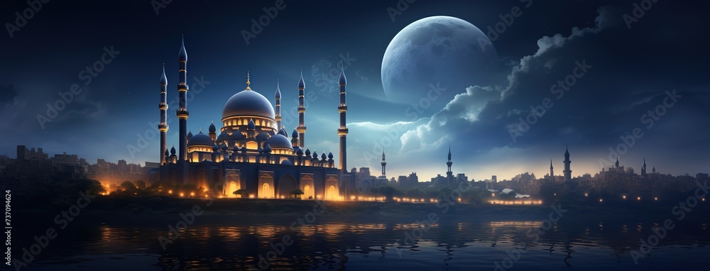 ramadan kareem background with mosque view on glittering moon night islamic background banner above and use it as your wallpaper, poster and banner design