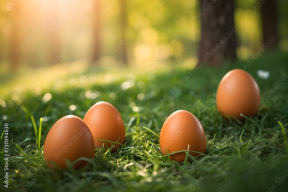 Happy Easter Day. Easter eggs sitting on top of a lush green grass, next to a forest in a beautiful spring morning. Happy Easter Day. Easter eggs sitting on top of a lush green grass, next to a forest in a beautiful spring morning.