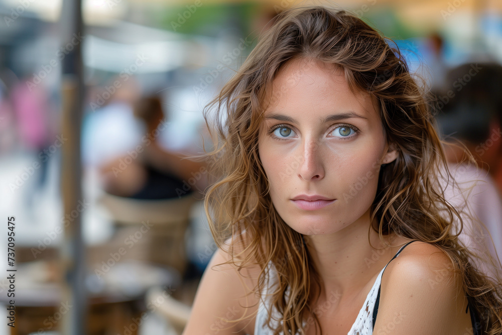 Fototapeta premium Portrait of a young Parisian woman sitting outside in a café somewhere in Paris. Created with Generative AI technology
