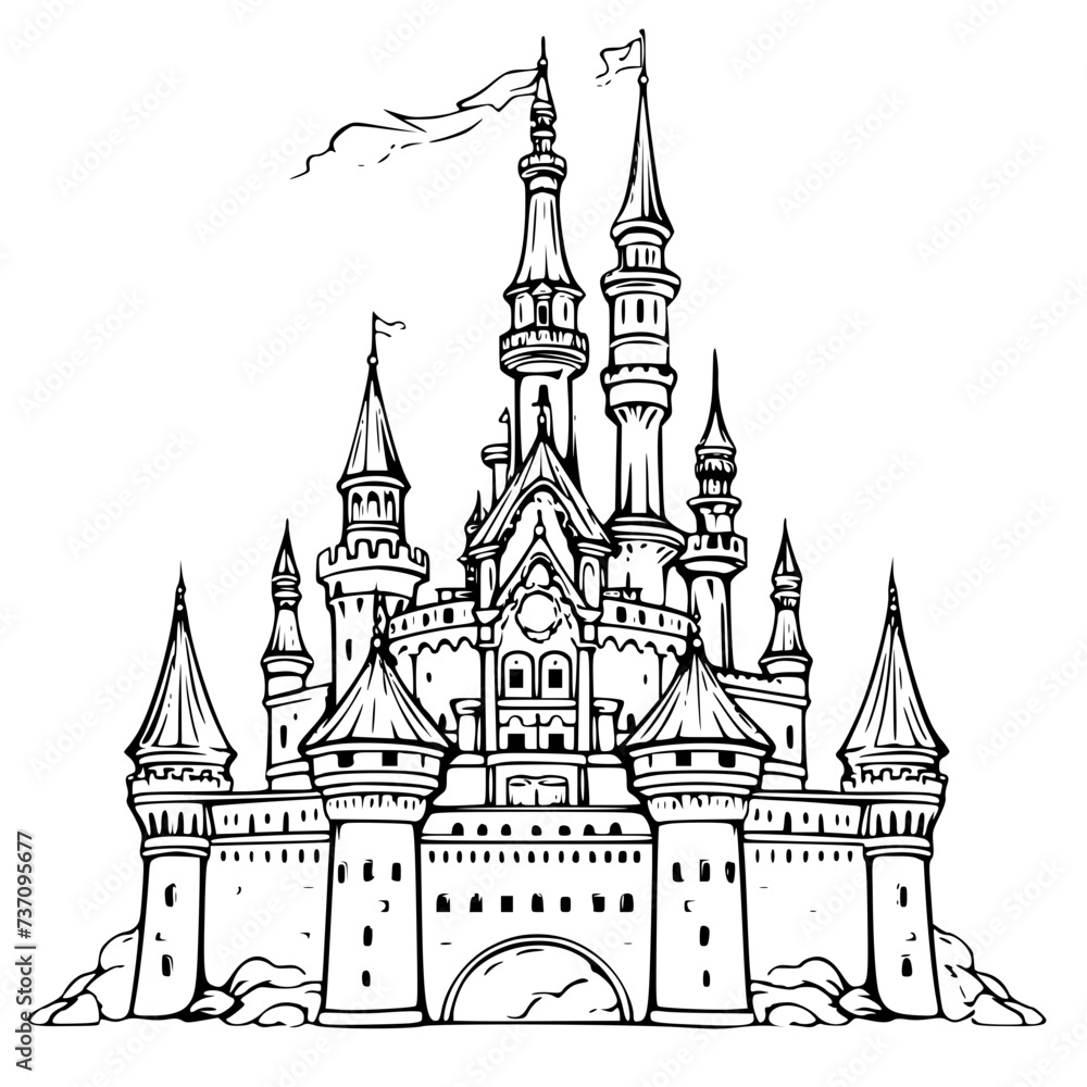 Fototapeta premium architecture, castle, church, building, tower, city, house, cathedral, europe, vector, drawing, travel, old, illustration, sky, sketch, religion, medieval, cartoon, palace, landmark, town, design, 