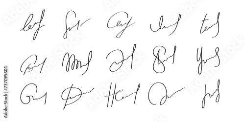 A set of handwritten fictional autographs. Vector illustration on white background