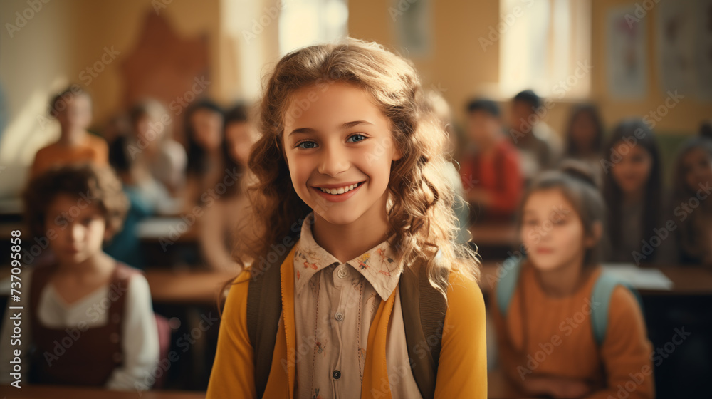 A pretty smiling girl , at school, stand in a classroom, look at camera A pretty smiling girl , at school, stand in a classroom, look at camera