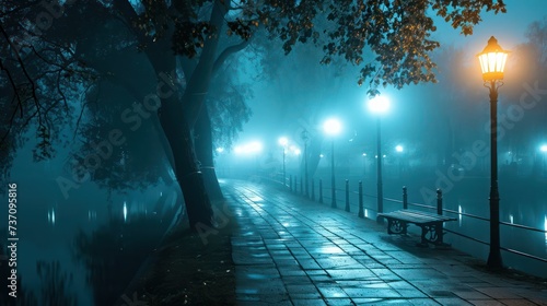 the serenity of early morning fog infused with soft blue lights, casting a tranquil and dreamlike ambiance