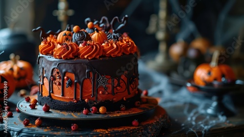 the spookiness of a Halloween-themed cake, featuring eerie decorations, pumpkin motifs, and haunting details, set against a mysterious and dark background