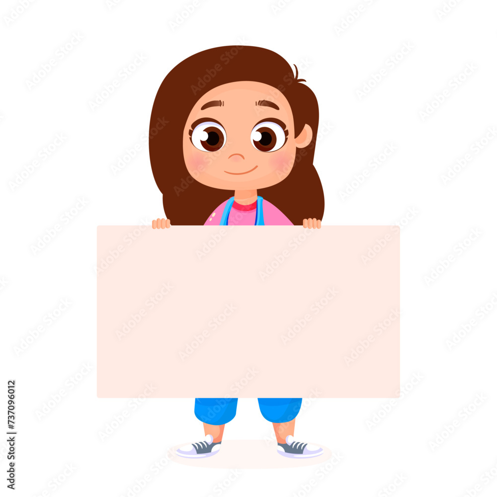 Child holding blank banner, paper sheet in hands. Happy smiling girl kid standing, showing empty clean placard for advertising, promotion. Vector illustration isolated on white background Child holding blank banner, paper sheet in hands. Happy smiling girl kid standing, showing empty clean placard for advertising, promotion. Vector illustration isolated on white background