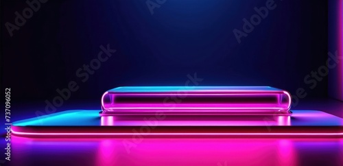 Neon podium scene perfect for product presentation or product display. Vector illustration of neon laser beams. 3D modern smartphone mockup © Roman