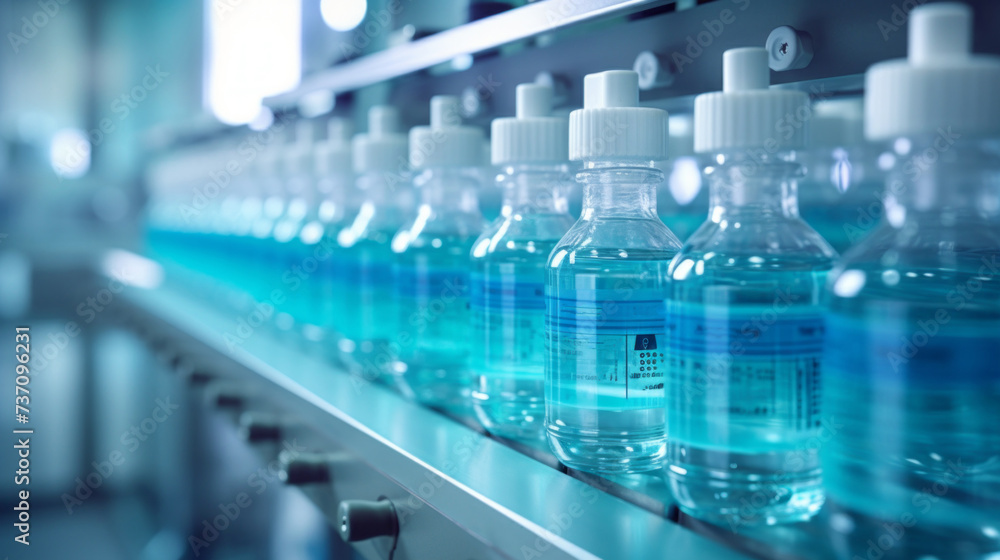 Mass production of vaccines in vials with branded labels in a modern pharmaceutical factory with automatic conveyors. Science, Medicine, Biotechnology, Microbiology, Healthcare concepts.