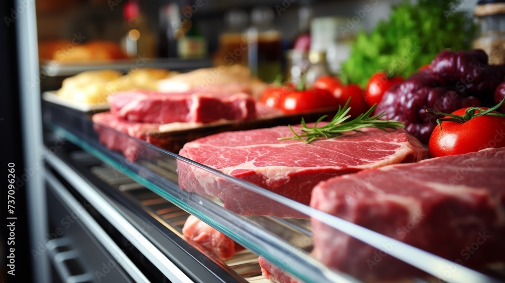 meat food on the shelves of the fridge meat food on the shelves of the fridge