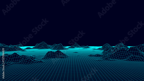 Abstract mountains on background. 3D topography map of terrain planet Earth. Vector grid landscape with lines and dots. Cyber perspective network of the wave terrain. Concept digital topographic.