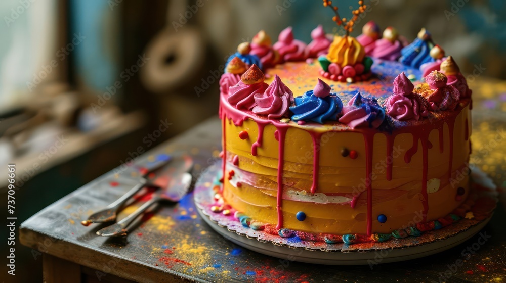 the vibrancy of a Holi-themed cake adorned with bright colors, playful decorations, and festive details