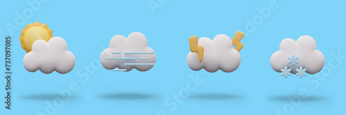 Collection of meteorological icons on blue background. 3D weather images in cartoon style