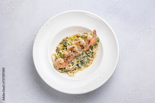 Pasta with shrimps, garlic and parmesan cheese