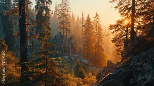 Traverse the mystique of an taiga landscape at sunset, featuring dense forests, ancient structures, and the fading light of evening