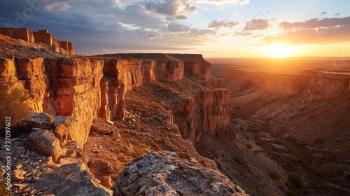 Ancient canyon landscape at sunset depicting ancient cliffs, sprawling landscapes, and the warm glow of dusk