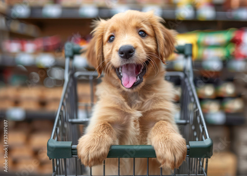 funny young dog in a shopping cart  supermarket