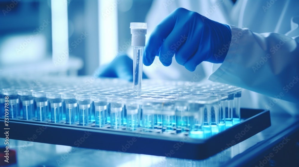 A close-up of a microbiologist pipetting a sample during research in a research laboratory. Science, Medicine, Microbiology, Healthcare concepts. A close-up of a microbiologist pipetting a sample during research in a research laboratory. Science, Medicine, Microbiology, Healthcare concepts.