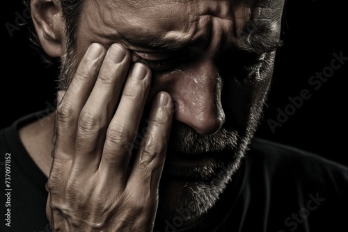 A man with tears and the emotions of depression, anxiety, and sadness