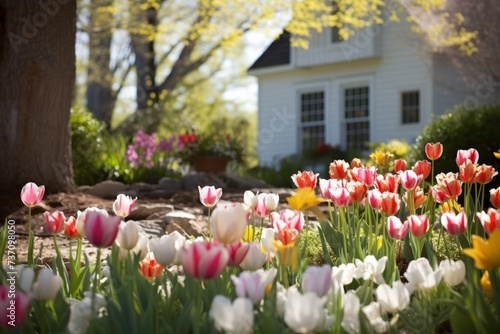 A cottage garden with a blooming colorful tulips flowers in the spring photo