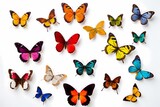 A group of vibrant butterflies in various colors, captured mid-flight against a white background.
