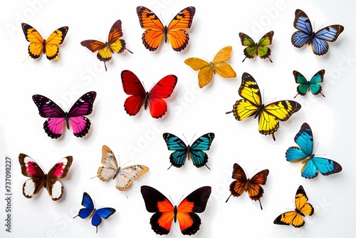 A group of vibrant butterflies in various colors  captured mid-flight against a white background.