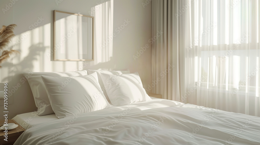 Luxurious bedroom with a window, with a large empty double bed with white linens and pillows. Comfortable sleep Luxurious bedroom with a window, with a large empty double bed with white linens and pillows. Comfortable sleep