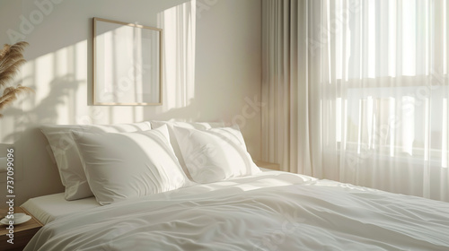 Luxurious bedroom with a window, with a large empty double bed with white linens and pillows. Comfortable sleep photo