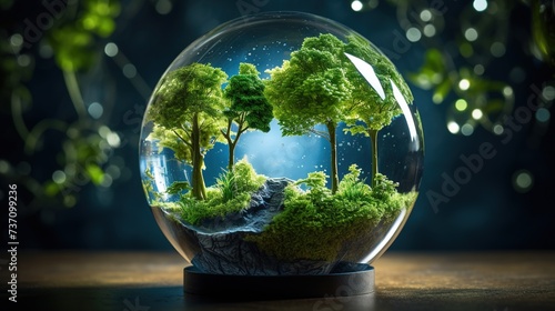 Green trees in a crystal layer. Ecology and preservation of the environment and the ozone layer concept photo