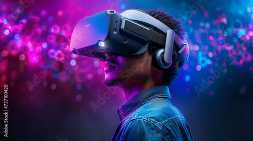 Young Man Lost in Virtual Reality Adventure, Vivid Neon Lights Background