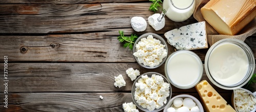 A variety of dairy products are displayed on a hardwood table, including milk, cheese, and butter. These ingredients are essential in many recipes and cuisines photo